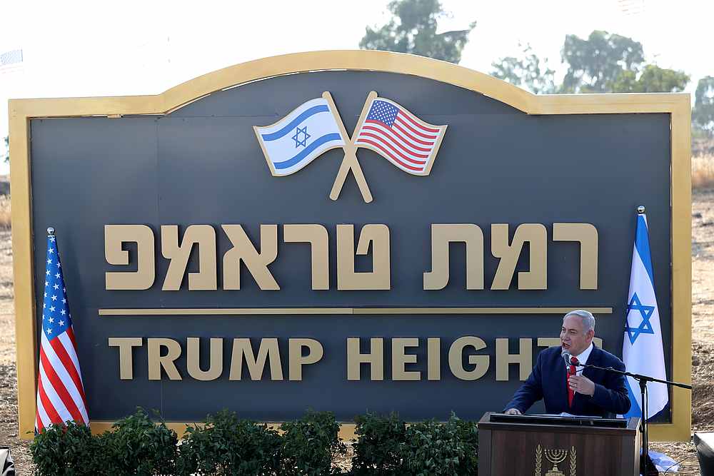 Israeli Prime Minister Benjamin Netanyahu speaks during a ceremony to unveil a sign for a new community named after US President Donald Trump, in the Israeli-occupied Golan Heights June 16, 2019. u00e2u20acu201d Reuters pic