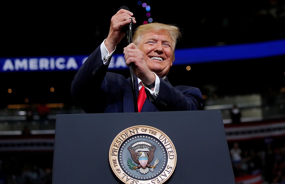 US President Donald Trump reacts on stage formally kicking off his re-election bid with a campaign rally in Orlando, Florida June 18, 2019. u00e2u20acu201d Reuters pic