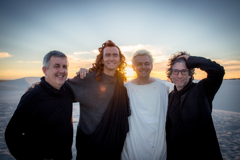(From left) Douglas Mackinnon with David Tennant, Michael Sheen and Neil Gaiman during the filming of u00e2u20acu02dcGood Omensu00e2u20acu2122 for Amazon Prime Video and the BBC. u00e2u20acu201d Handout via AFP