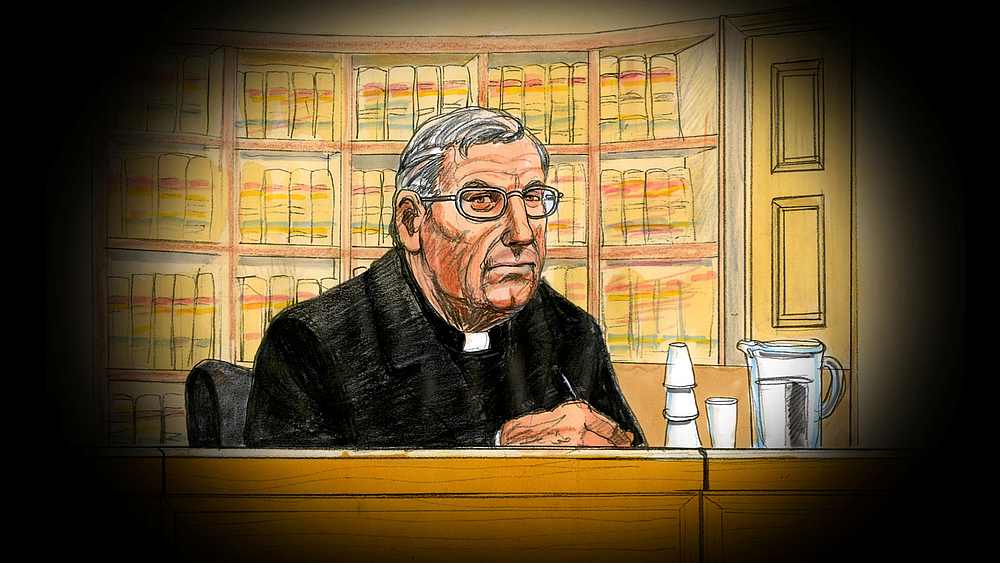 Former Vatican treasurer Cardinal George Pell is depicted in this courtroom sketch during his June 5, 2019 appearance at the Supreme Court of Victoria in Melbourne. u00e2u20acu201d Jeff Hayes handout via Reuters