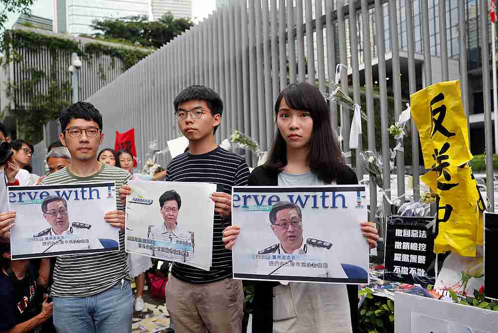 Pro-democracy activists (from left) Nathan Law, Joshua Wong and Agnes Chow attend a news conference outside the Legislative Council building in Hong Kong June 18, 2019. u00e2u20acu201d Reuters pic