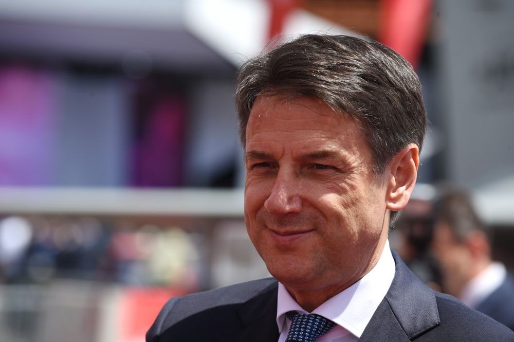 Italian Prime Minister Giuseppe Conte looks on as he visits the Leonardo static display on the first day of the International Paris Air Show on June 17, 2019 at Le Bourget Airport, near Paris. u00e2u20acu201d AFP