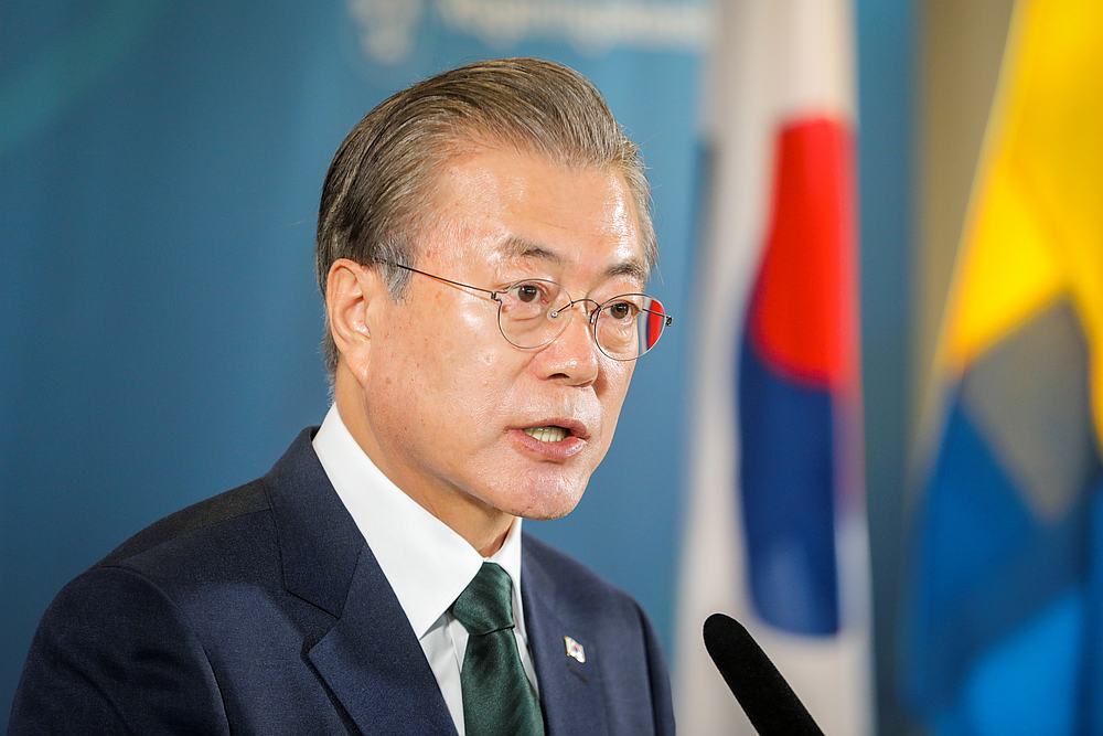 South Korea's President Moon Jae-in speaks at a news conference at Grand Hotel in Saltsjobaden outside Stockholm, Sweden June 15, 2019. u00e2u20acu201d Soren Andersson/TT News Agency pic via Reuters