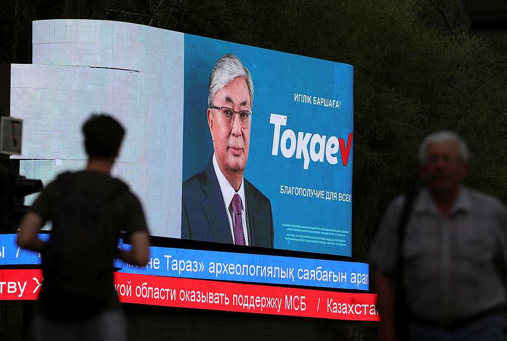 A screen shows an image of Kazakh President and candidate Kassym-Jomart Tokayev, which is part of his campaign ahead of the upcoming presidential election, in Almaty, Kazakhstan June 3, 2019. u00e2u20acu201d Reuters pic