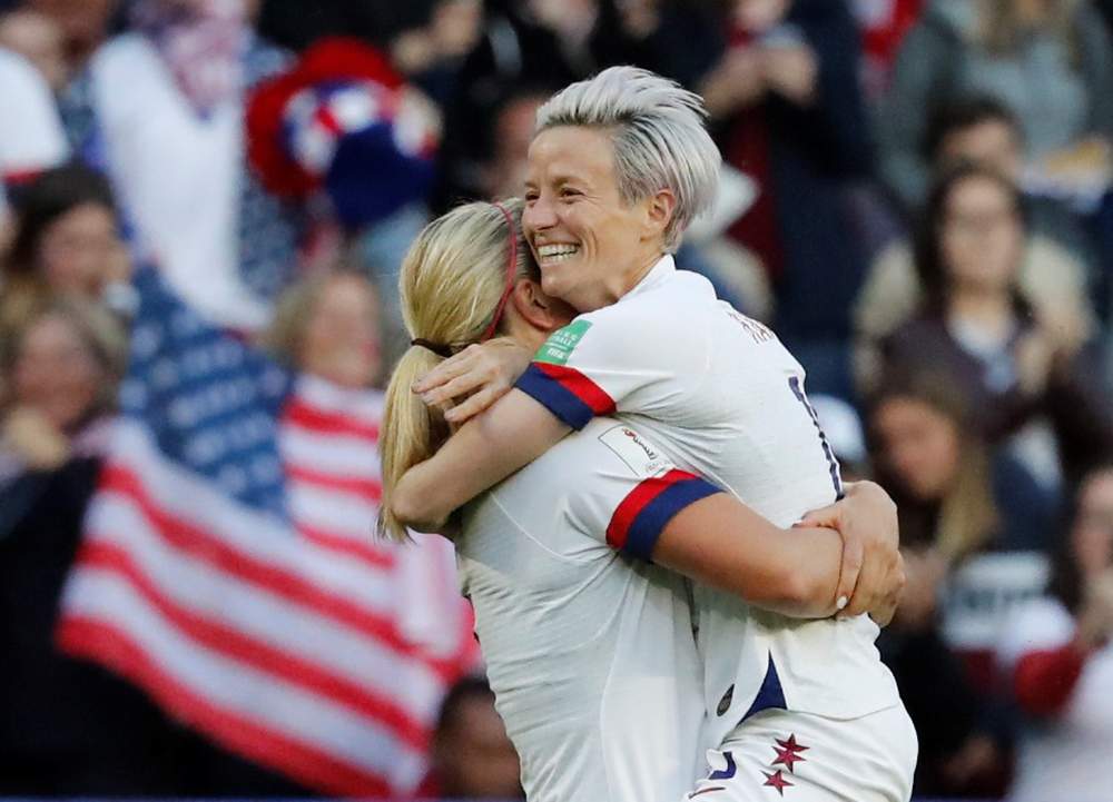 Lindsey Horan of the US celebrates with Megan Rapinoe after scoring the first goal against Sweden June 20, 2019. u00e2u20acu2022 Reuters pic