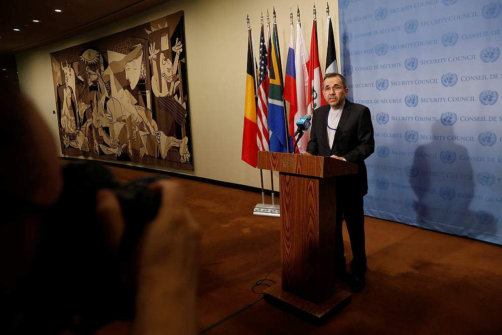 Iranian Ambassador to the United Nations Majid Takht-Ravanchi speaks to the media outside Security Council chambers at the UN headquarters in New York June 24, 2019. u00e2u20acu201d Reuters pic
