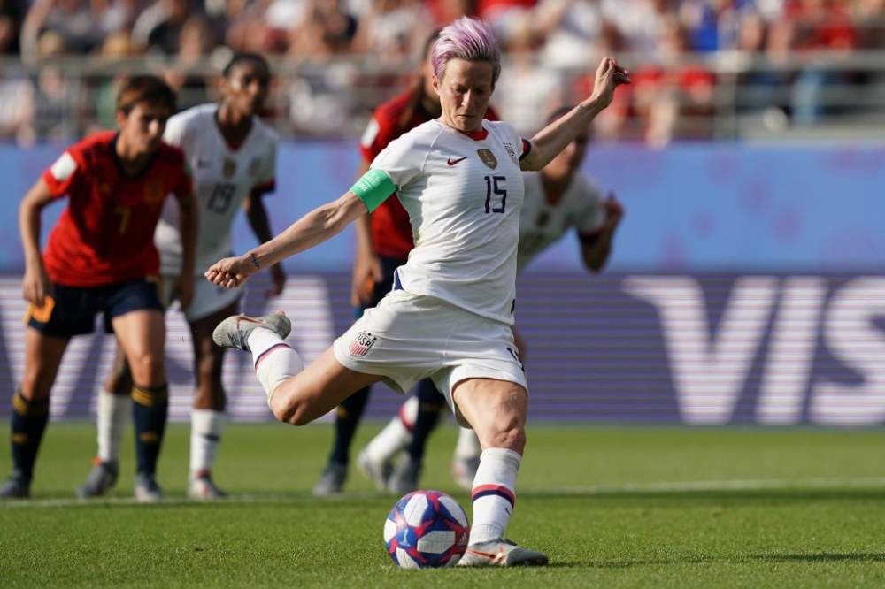 United States' forward Megan Rapinoe scores a goal during the France 2019 Women's World Cup round of sixteen football match between Spain and USA June 24, 2019 in Reims, northern France. u00e2u20acu2022 AFP pic