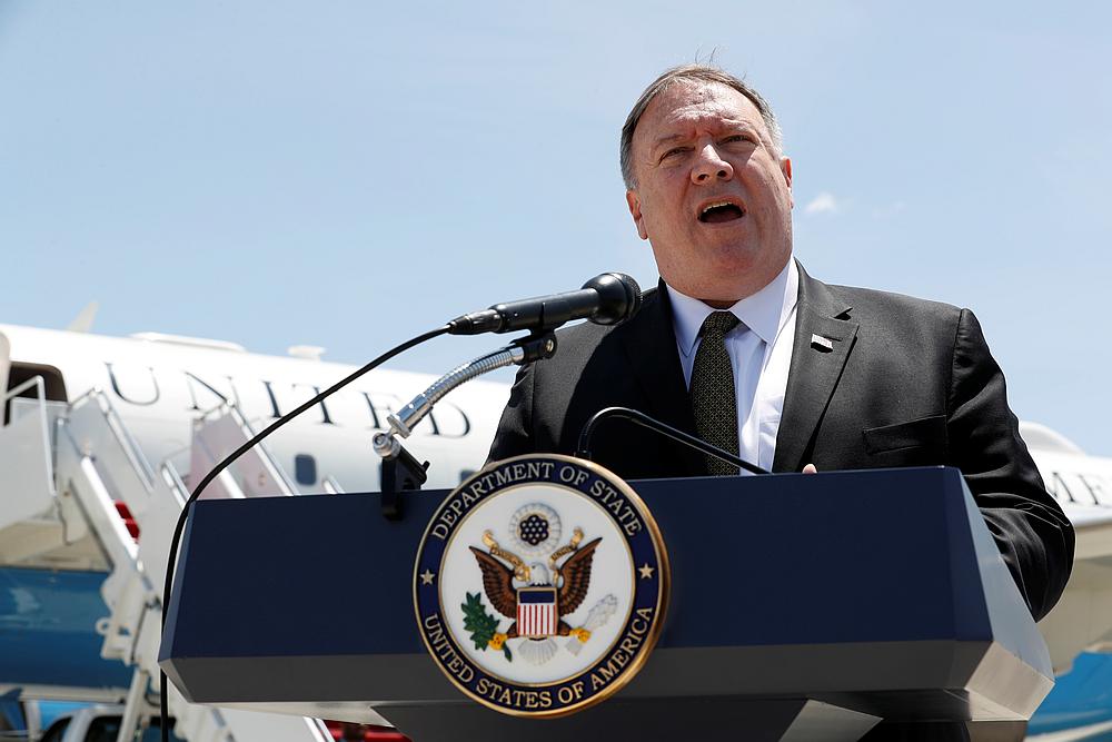 US Secretary of State Mike Pompeo speaks to the media at Joint Base Andrews, Maryland June 23, 2019, before boarding a plane headed to Jeddah, Saudi Arabia. u00e2u20acu201d Jacquelyn Martin/Pool pic via Reuters
