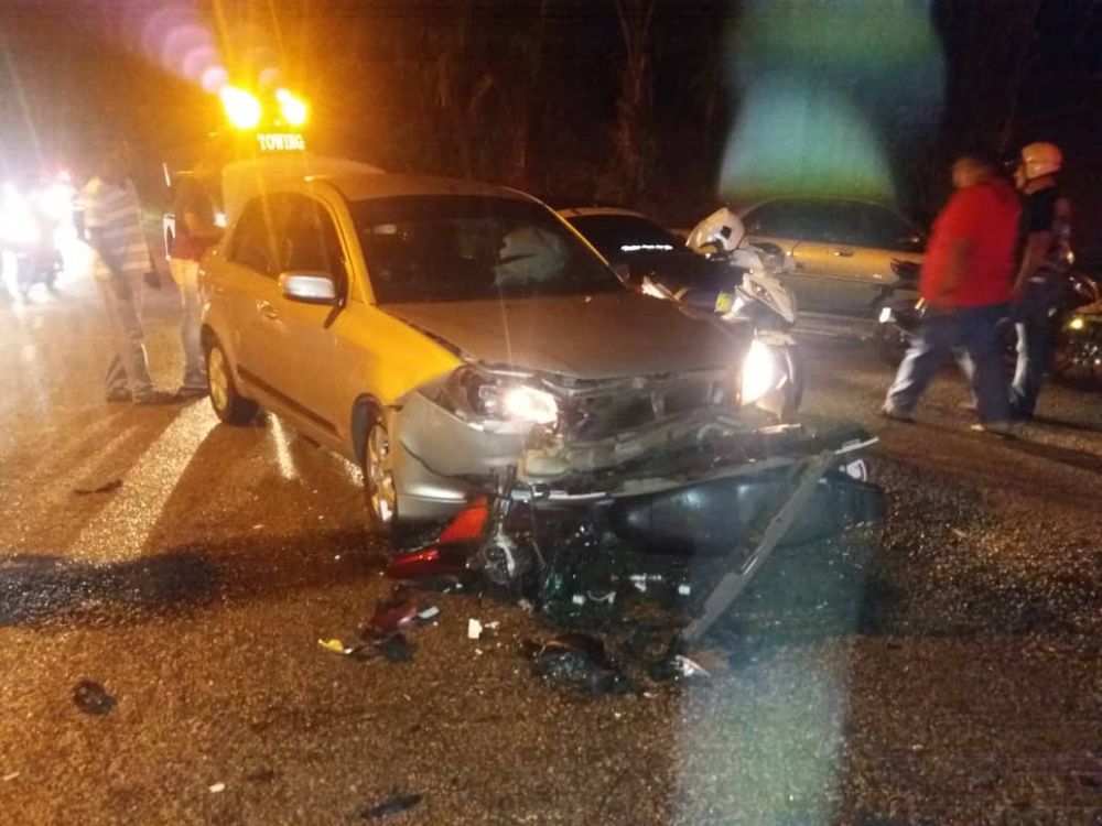 The victimsu00e2u20acu2122 motorcycle is believed to have veered to the opposite side of the road and collided head-on with a Proton Saga. u00e2u20acu201d Picture courtesy of PDRM