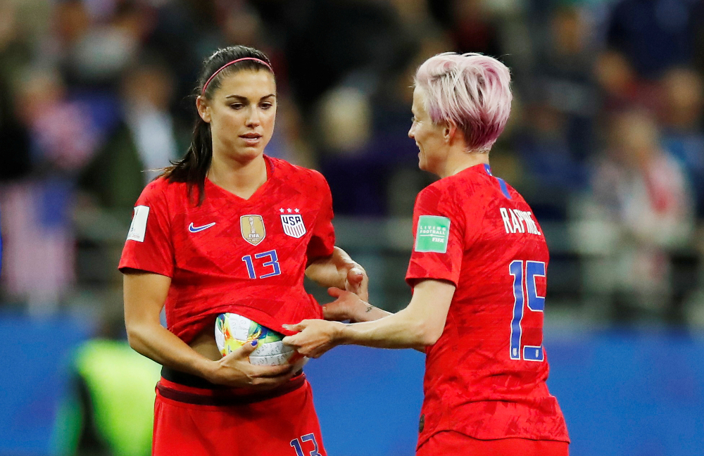 Alex Morgan of the US with Megan Rapinoe after the Womenu00e2u20acu2122s World Cup Group F match against Thailand at Stade Auguste-Delaune, Reims June 11, 2019. u00e2u20acu201d Reuters pic