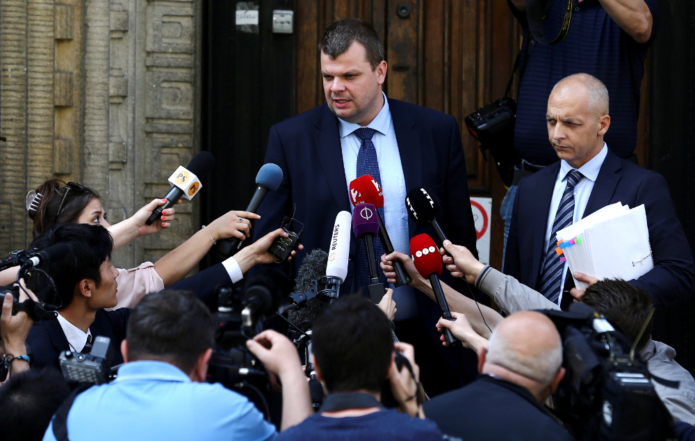Lawyers Gabor Elo and Balazs M. Toth talk to the media as they exit the court building, after the arrest hearing of the Viking Sigyn ship captain, in Budapest June 1, 2019. u00e2u20acu201d Reuters pic