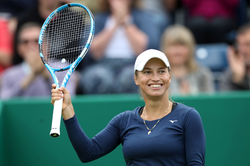 Kazakhstanu00e2u20acu2122s Yulia Putintseva celebrates after winning her second round match against Japanu00e2u20acu2122s Naomi Osaka at Edgbaston Priory Club, Birmingham June 20, 2019. u00e2u20acu201d Action Images via Reuters/Carl Recine 