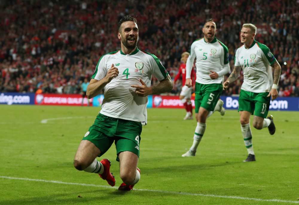 Republic of Ireland's Shane Duffy celebrates after scoring the first goal against Denmark June 7, 2019. u00e2u20acu2022 Reuters pic