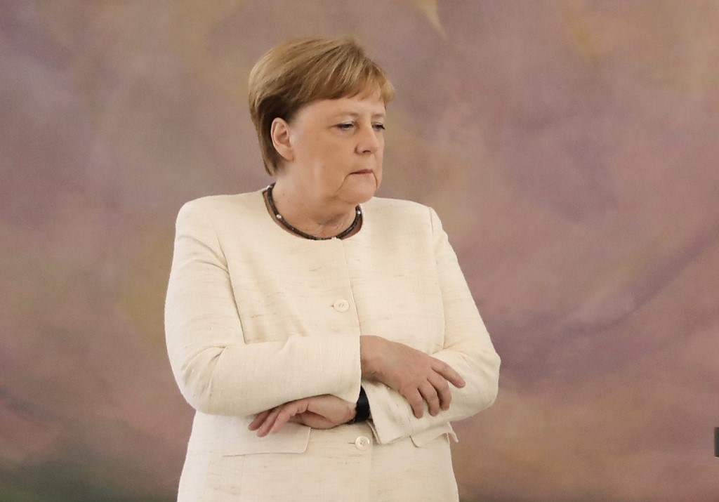 German Chancellor Angela Merkel attends a ceremony where she suffered a new shaking spell, just one week after sparking concerns by visibly trembling at another official ceremony, at the presidential Bellevue Palace, Berlin, June 27, 2019. u00e2u20acu201d AFP pic