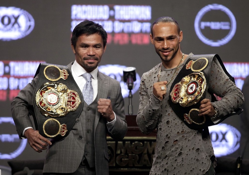 Philippine boxer Manny Pacquiao and US boxer Keith Thurman pose during their final press conference at the MGM Grand Hotel & Casino in Las Vegas July 17, 2019, ahead of their July 20th WBA welterweight fight. u00e2u20acu201d AFP pic