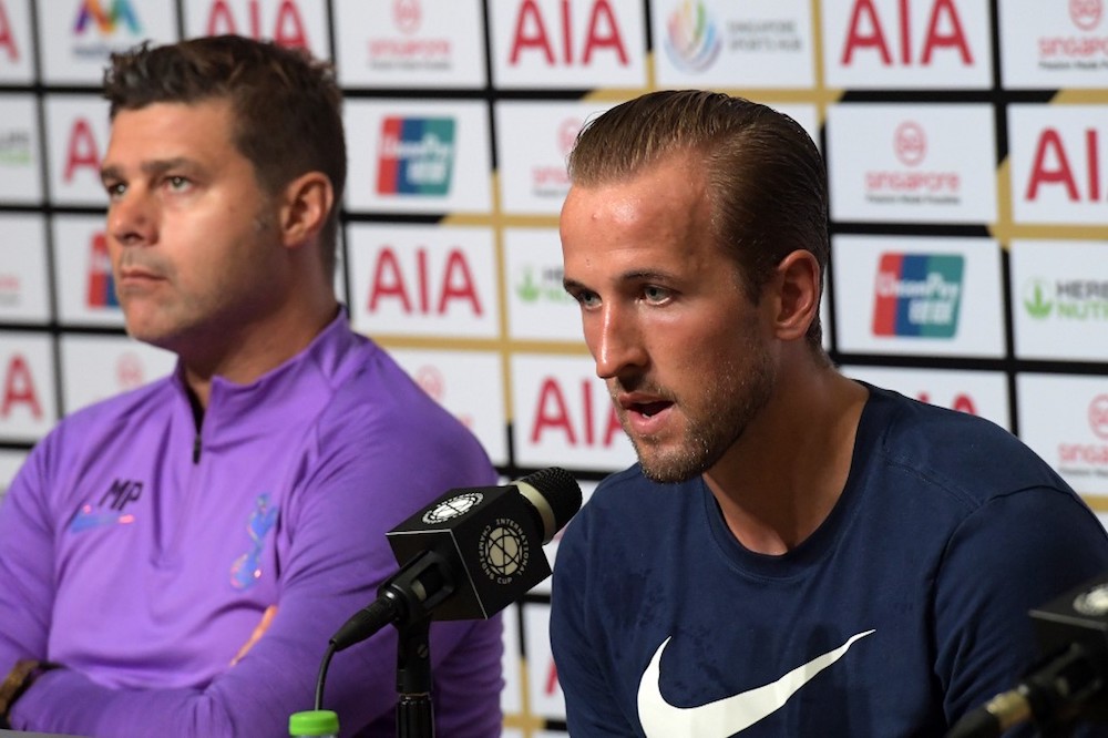 Tottenham Hotspuru00e2u20acu2122s Harry Kane and manager Mauricio Pochettino attend a press conference in Singapore July 19, 2019, ahead of their International Champions Cup match against Juventus. u00e2u20acu201d AFP pic