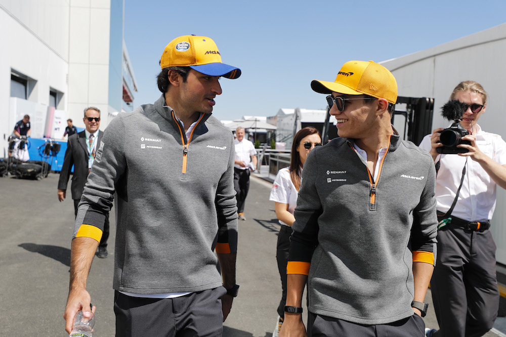 McLaren drivers Carlos Sainz Jr and Lando Norris are seen in the paddock during the Canadian Grand Prix in Montreal June 6, 2019. u00e2u20acu201d Reuters pic
