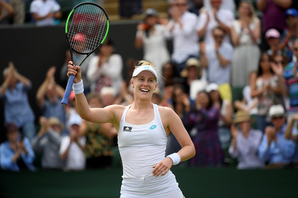 Alison Riske celebrate during her fourth round match against Ashleigh Barty at the Wimbledon Championship match in London July 8, 2019. u00e2u20acu201d Reuters pic
