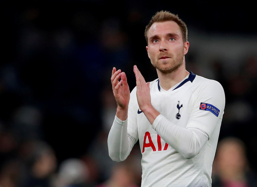 Tottenhamu00e2u20acu2122s Christian Eriksen applauds fans after the Champions League semi-final first leg match with Ajax Amsterdam in London April 30, 2019. u00e2u20acu201d Action Images pic via Reuters