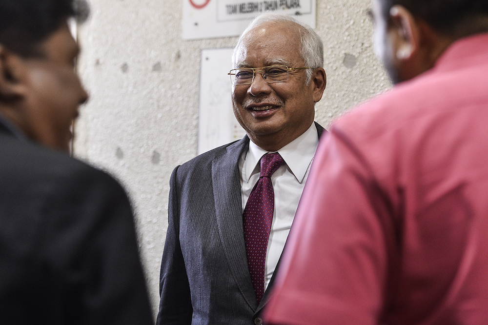 Former prime minister Datuk Seri Najib Razak is seen at the Kuala Lumpur Courts Complex July 10, 2019. — Picture by Miera Zulyana