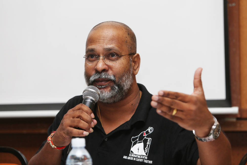 M. Visvanathan speaks at a forum by Suaram and EDICT (Eliminating Death and Abuse in Custody Together) on police responsibility and how IPCMC can help strengthen the police force July 16, 2019. — Picture by Choo Choy May