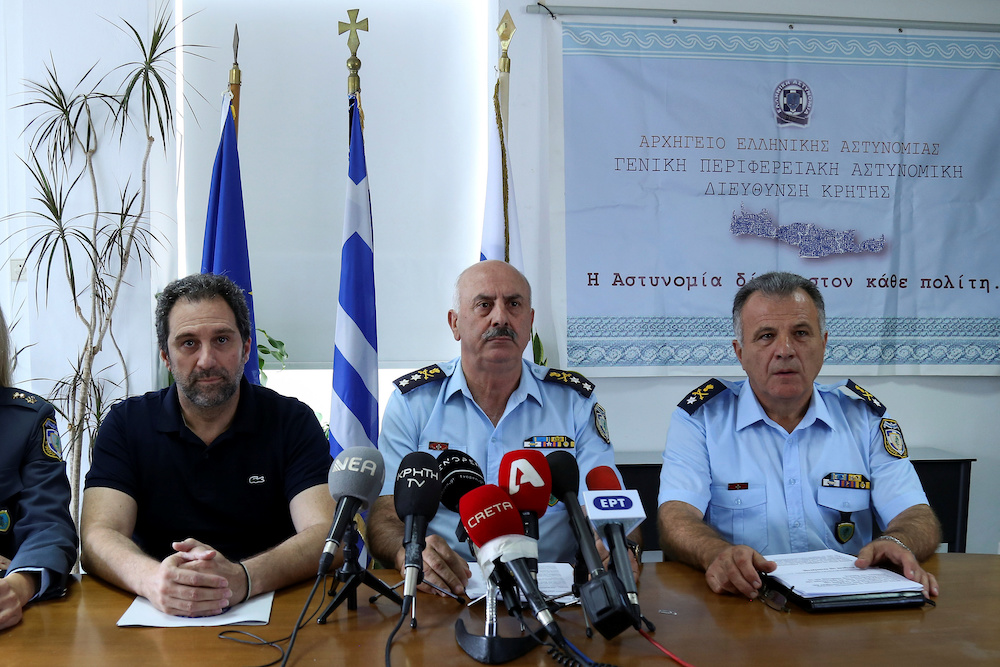 Crete Chief of Police Konstantinos Lagoudakis, Chania Police Chief Giorgos Libinakis (right) and Director of Security for Chania Police Paris Chinopoulos at the Suzanne Eaton murder press conference in Crete July 16, 2019. u00e2u20acu201d Reuters pic