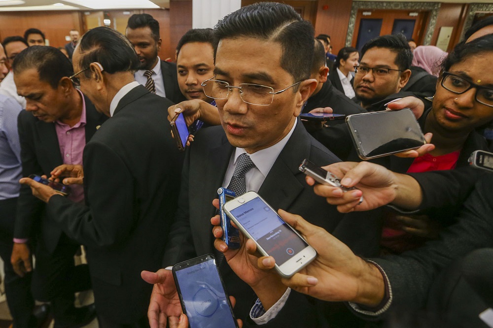 Economic Affairs Minister Datuk Seri Azmin Ali speaks to reporters at the Parliament lobby in Kuala Lumpur July 17, 2019. u00e2u20acu201d Picture by Hari Anggara