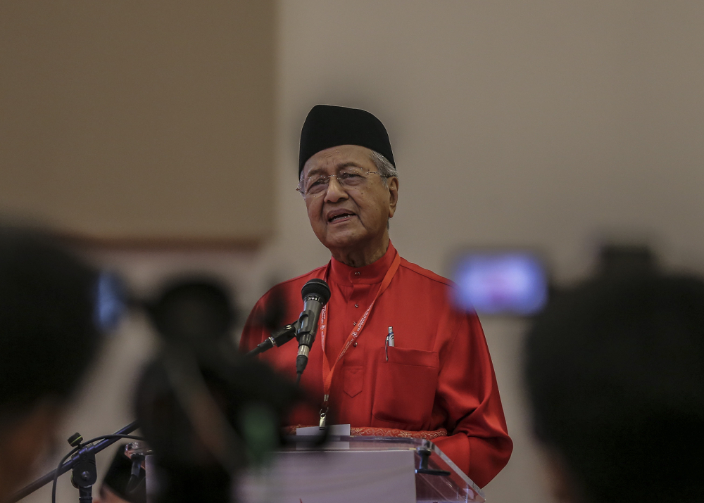Parti Pribumi Bersatu Malaysia (PPBM) chairman Tun Dr Mahathir Mohamad speaks during Bersatu special assembly, at Malaysia Exposition Park Serdang (MAEPS), Serdang July 20, 2019. u00e2u20acu201d Picture by Firdaus Latif