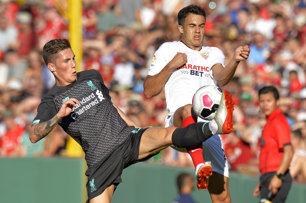Liverpoolu00e2u20acu2122s Harry Wilson (left) and Sevillau00e2u20acu2122s Rodriguez Sergio Reguilon fight for the ball during a pre-season friendly match between Liverpool FC and Sevilla FC at Fenway Park in Boston July 21, 2019. u00e2u20acu201d AFP pic