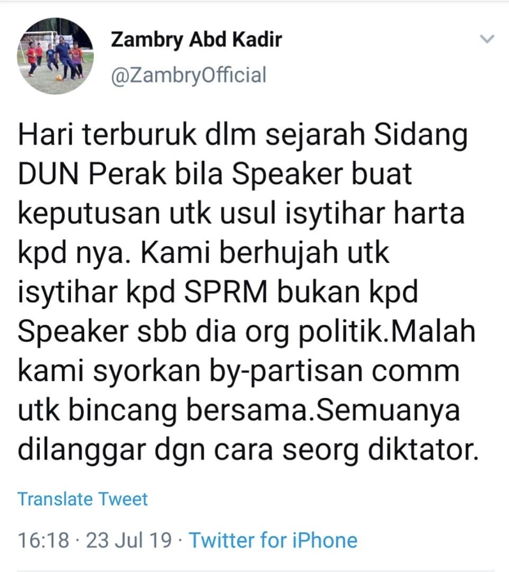 A screen capture showing the Twitter post by former Perak mentri besar Datuk Seri Zambry Abdul Kadir.