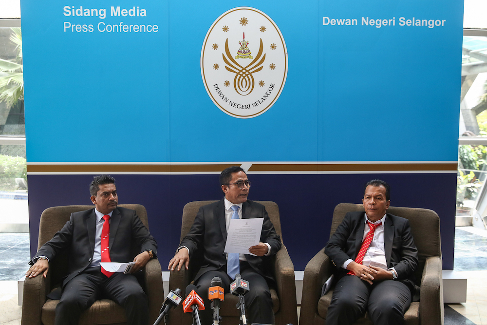 (From left) Jeram assemblyman Mohd Shaid Rosli, Kuang assemblyman Sallehudin Amiruddin and Batang Kali assemblyman Harumaini Omar during a press conference after the Selangor State Assembly session in Shah Alam July 31, 2019. u00e2u20acu201d Picture by Yusof Mat Isa