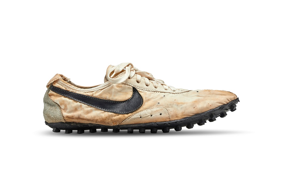 The Nike u00e2u20acu02dcMoon Shoeu00e2u20acu2122 one of only about 12 pairs of the handmade running shoe designed by Nike co-founder and legendary Oregon University track coach Bill Bowerman, is seen in this Sothebyu00e2u20acu2122s image released on July 11, 2019. u00e2u20acu201d Reuters pic