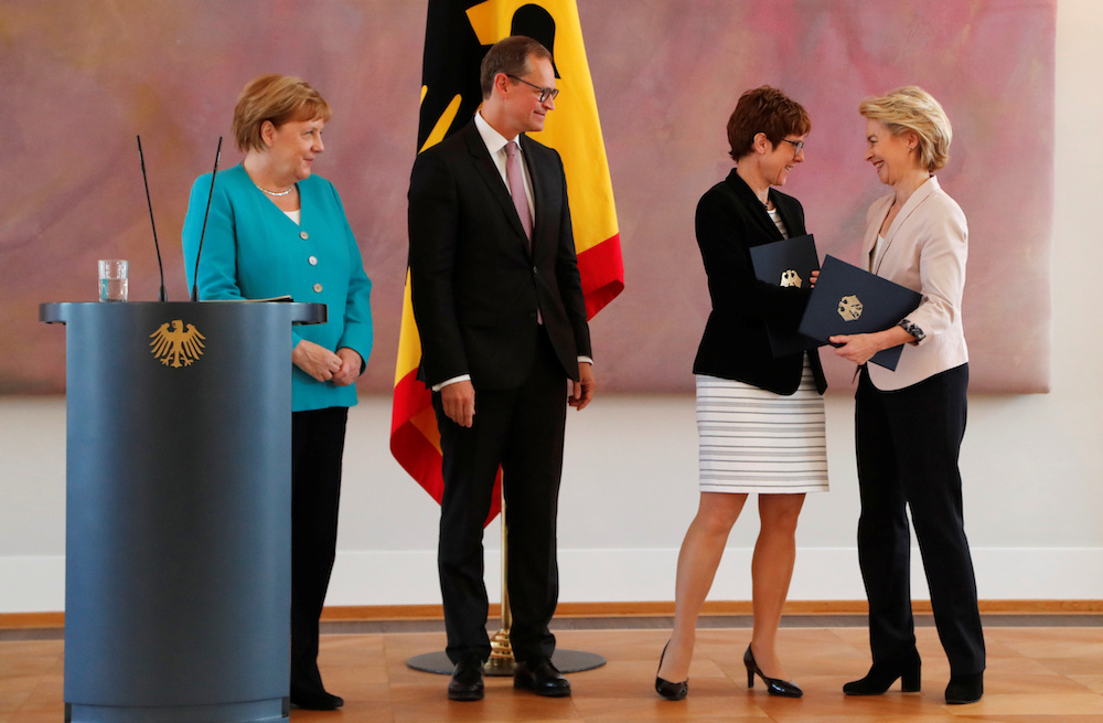 File photo of ex-German defence Minister Ursula von der Leyen and the new German defence Minister Annegret Kramp-Karrenbauer shaking hands during a ceremony at Bellevue Palace in Berlin, Germany, July 17, 2019. u00e2u20acu201d Reuters pic