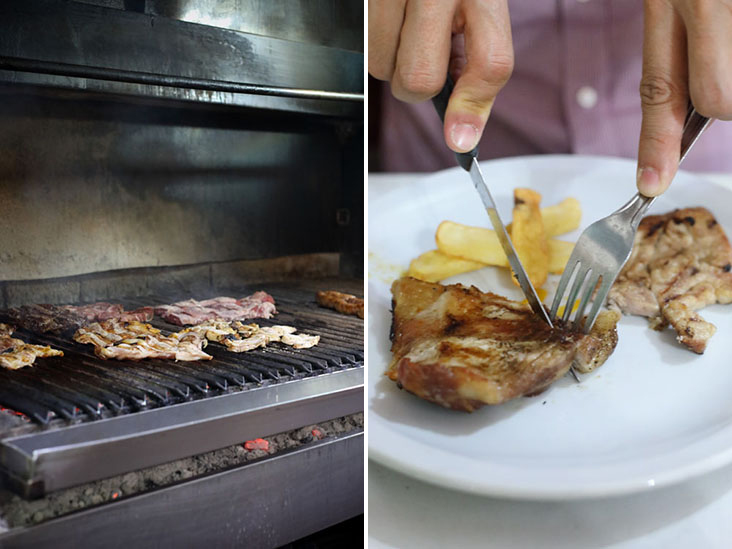 Meats on the grill inside a 'parilla' or barbecue restaurant (left). Enjoy your lightly charred 'asado' with a side of fries and topped with chimichurri (right).