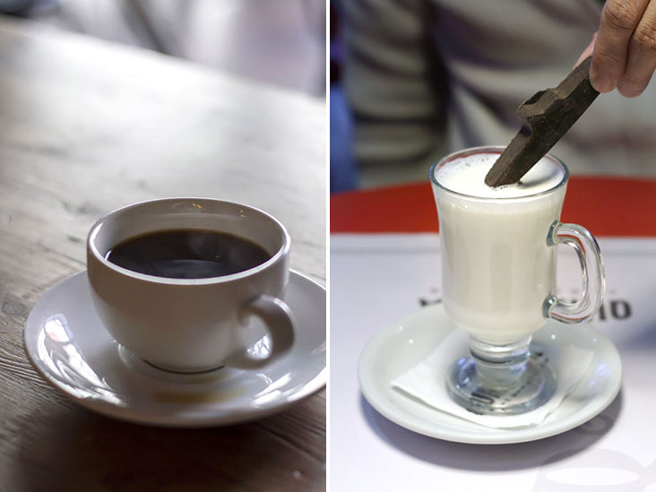Order a 'café en jarrito' for a strong coffee (left). Dunking a submarine-shaped chocolate into hot, frothy milk makes it a 'submarino' (right).