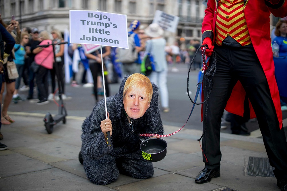 An anti-Brexit campaigner dressed as Conservative party leadership contender Boris Johnson takes part in the March for Change u00e2u20acu02dcNo to Boris: Yes to Europeu00e2u20acu2122 demonstration in central London July 20, 2019. u00e2u20acu201d AFP pic            