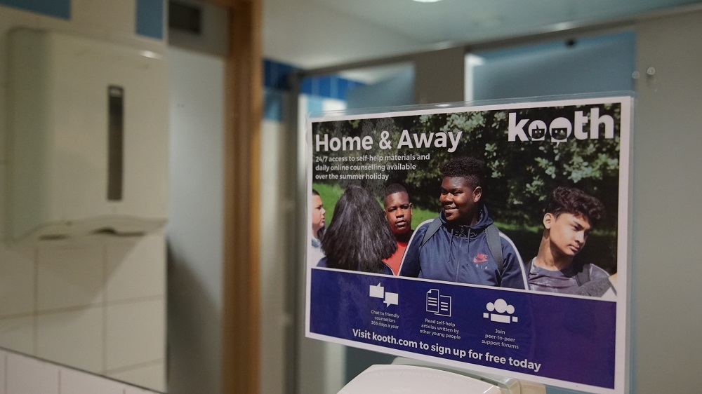 A poster advertising u00e2u20acu02dcKoothu00e2u20acu2122, an online counselling service that supports about 70,000 children and teenagers each year, is seen at a high school in London July 4 2019. u00e2u20acu201d Thomson Reuters Foundation pic