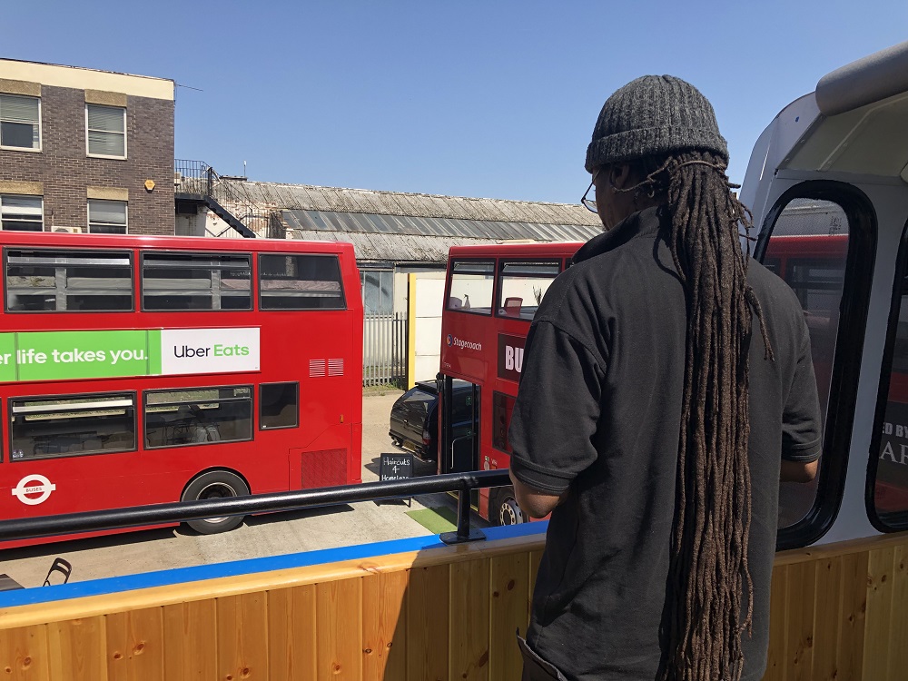 James stands on the upper level of the u00e2u20acu0153wellbeingu00e2u20acu009d bus which will welcome homeless people in Croydon, south London June 27, 2019. u00e2u20acu2022 Thomson Reuters Foundation pic