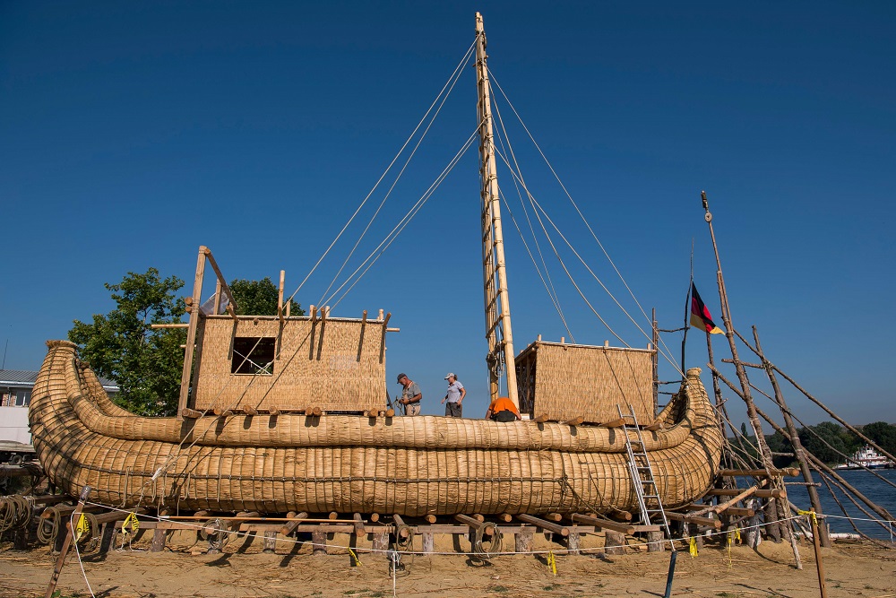 Members of the crew assemble the 14 metre long sailing reed boat Abora IV in the town of Beloslav, Bulgaria July 25, 2019. u00e2u20acu201d AFP pic         