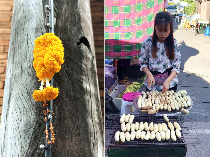 A flower garland offering hanging from the Tha Pae Gate (left). At the Sunday Weekend Walking Street, a 'kluay tap' vendor grills bananas over charcoal (right)