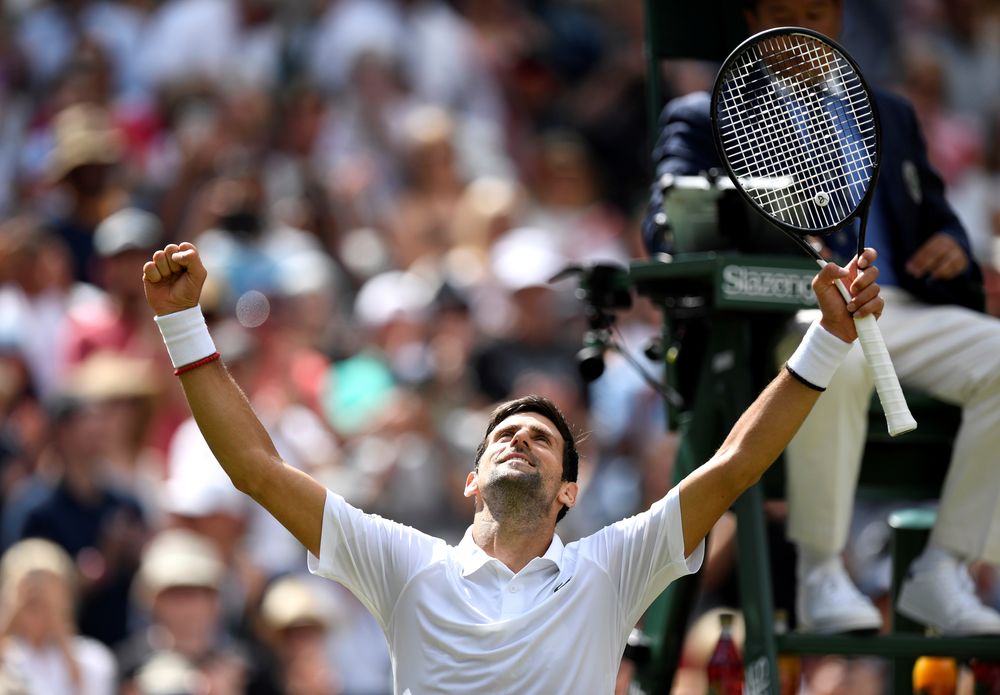Serbiau00e2u20acu2122s Novak Djokovic celebrates winning his first round match against Germanyu00e2u20acu2122s Philipp Kohlschreiber at Wimbledon, July 1, 2019. u00e2u20acu201d Reuters pic