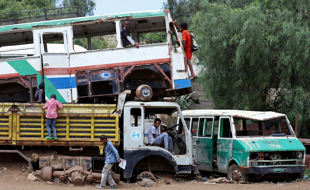 Eritrean children play on abandoned vehicles in Mekele, Tigray Region, Ethiopia July 7, 2019. u00e2u20acu2022 Reuters pic