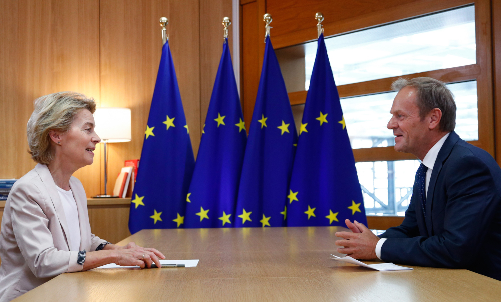 German Defence Minister Ursula von der Leyen  attends a meeting with outgoing EU Council President Donald Tusk in Brussels, July 4, 2019. u00e2u20acu201d AFP pic 