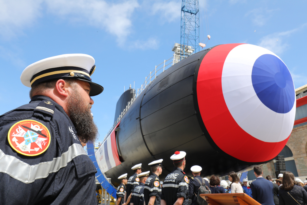 French National Marine sailors attend the official launch ceremony of the new French nuclear submarine u00e2u20acu02dcSuffrenu00e2u20acu2122 in Cherbourg, north-western France July 12, 2019. u00e2u20acu201d AFP pic