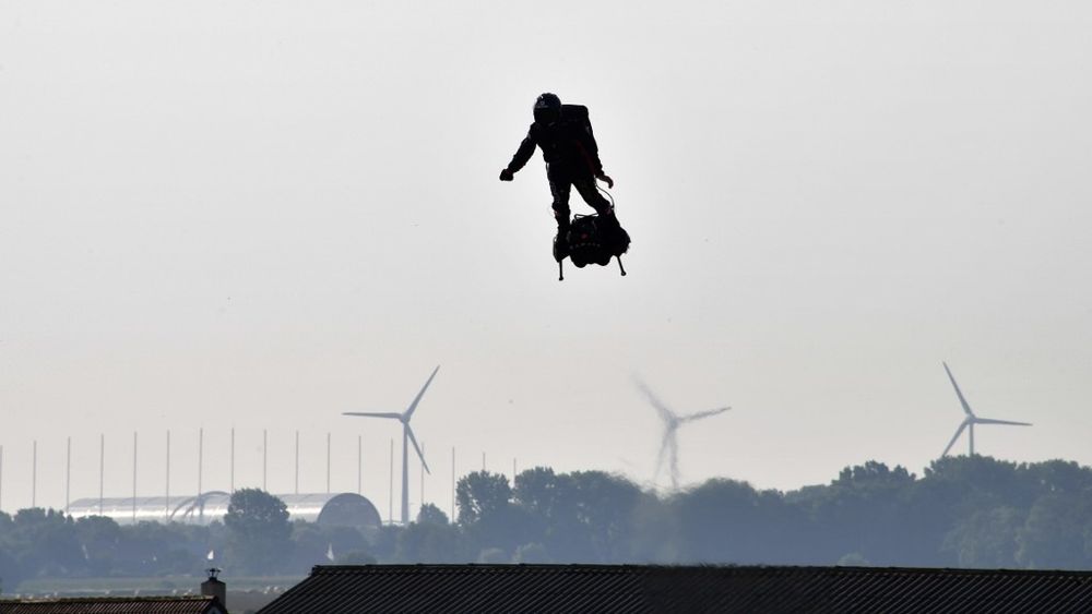 Franky Zapata stands on his jet-powered u00e2u20acu02dcflyboardu00e2u20acu2122 as he takes off from Sangatte, northern France, attempting to fly across 22-mileChannel crossing in 20 minutes, July 25, 2019. u00e2u20acu201d AFP pic