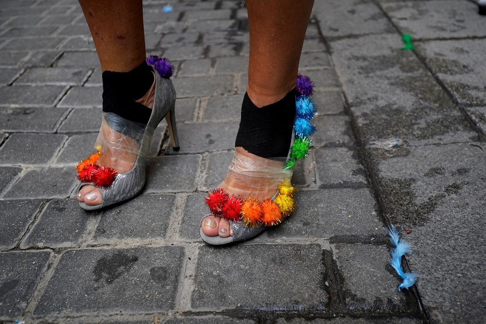 A contestant stands before the annual race on high heels during Gay Pride celebrations in the quarter of Chueca in Madrid, Spain July 4, 2019. u00e2u20acu201d Reuters pic