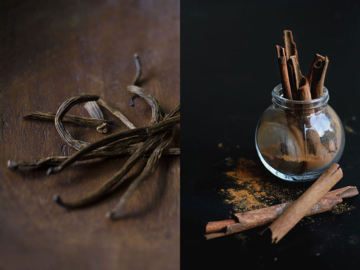 Vanilla lends a more subtle fragrance than nutmeg (left). Cinnamon is loaded with antioxidants (right).