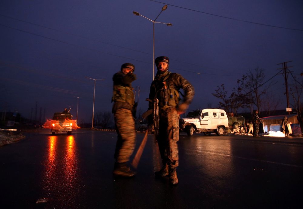 File picture shows Indian soldiers standing guard near the site of explosion in Lethpora in south Kashmiru00e2u20acu2122s Pulwama district February 14, 2019. u00e2u20acu201d Reuters pic