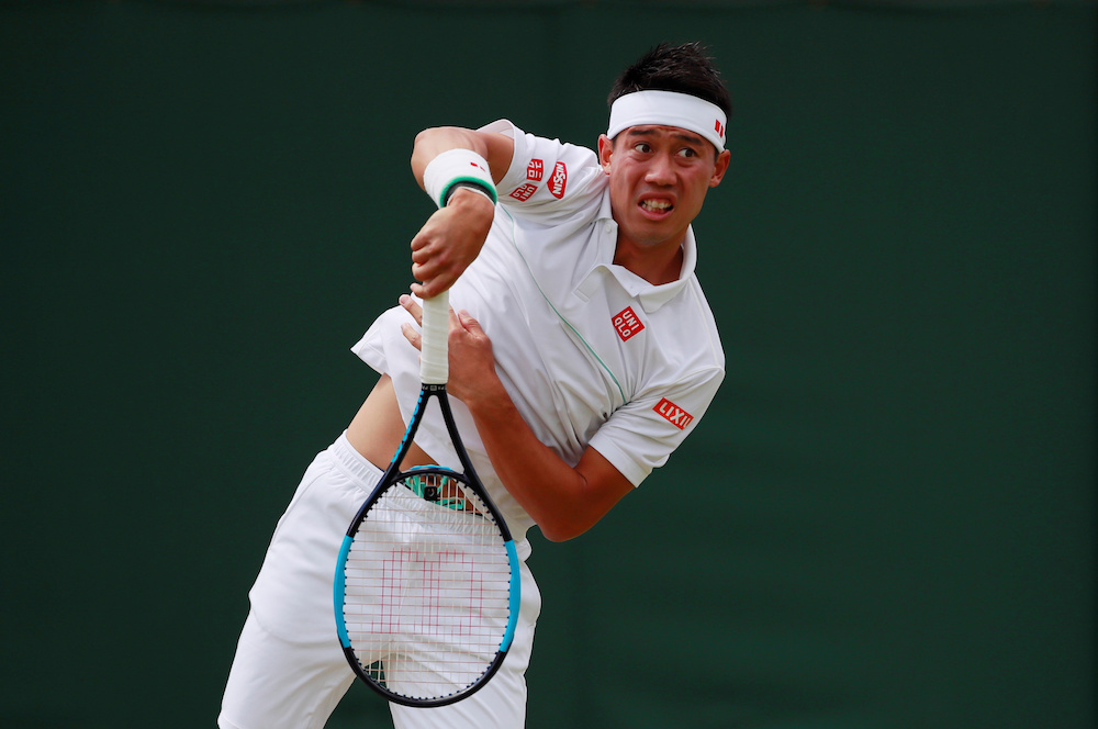Japanu00e2u20acu2122s Kei Nishikori in action during his third round match against Steve Johnson of the US at the All England Lawn Tennis and Croquet Club, London, July 6, 2019 u00e2u20acu201d Reuters picnn