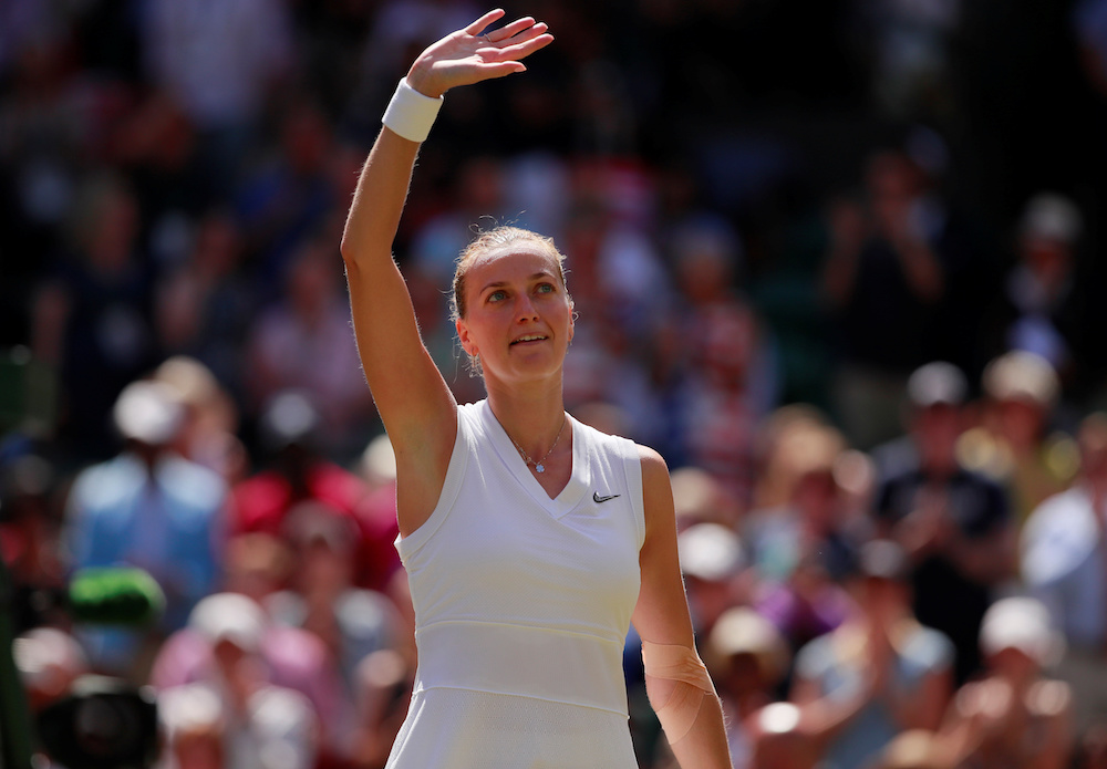 Czech Republicu00e2u20acu2122s Petra Kvitova celebrates after winning her second round match against Franceu00e2u20acu2122s Kristina Mladenovic at the All England Lawn Tennis and Croquet Club, London. u00e2u20acu201d Reuters pic